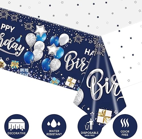Miniatura 4 de Kesfey Manteles de feliz cumpleaños, paquete de 3 manteles de cumpleaños azul marino y plateado de 54 x 108 pulgadas, estampado de fuegos