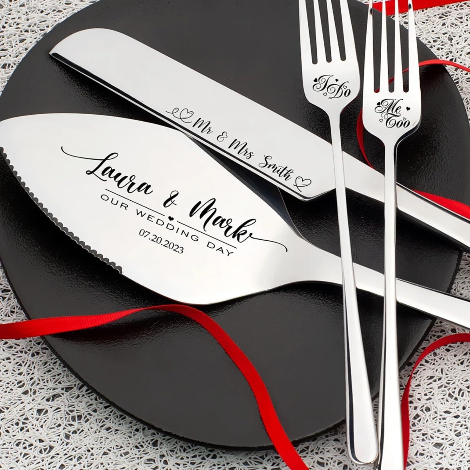 Wedding Silver Cake Cutting Set with Forks,Personalized Cake Cutter Serving Set,Stainless Steel Engraved Cake Server with Gift Box,Party Cake Decoration Supplies,Custom Gift (Silver)