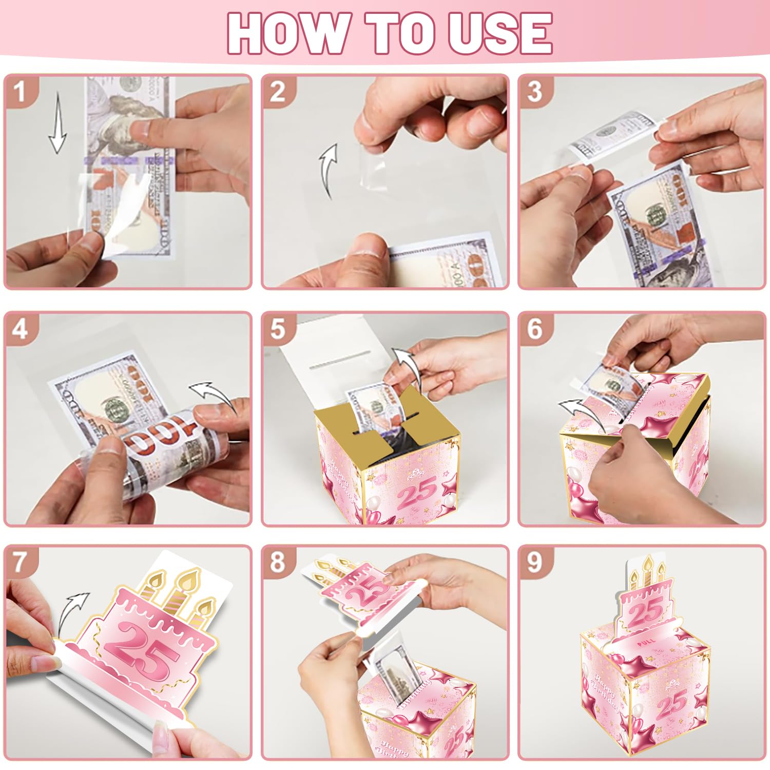 Joycard Hucha de cumpleaños número 25 para ella o hija, decoraciones de cumpleaños de 25 años, divertida caja de regalo extraíble para fiestas, ideal para sorpresas de 25 cumpleaños (con 35 bolsas)