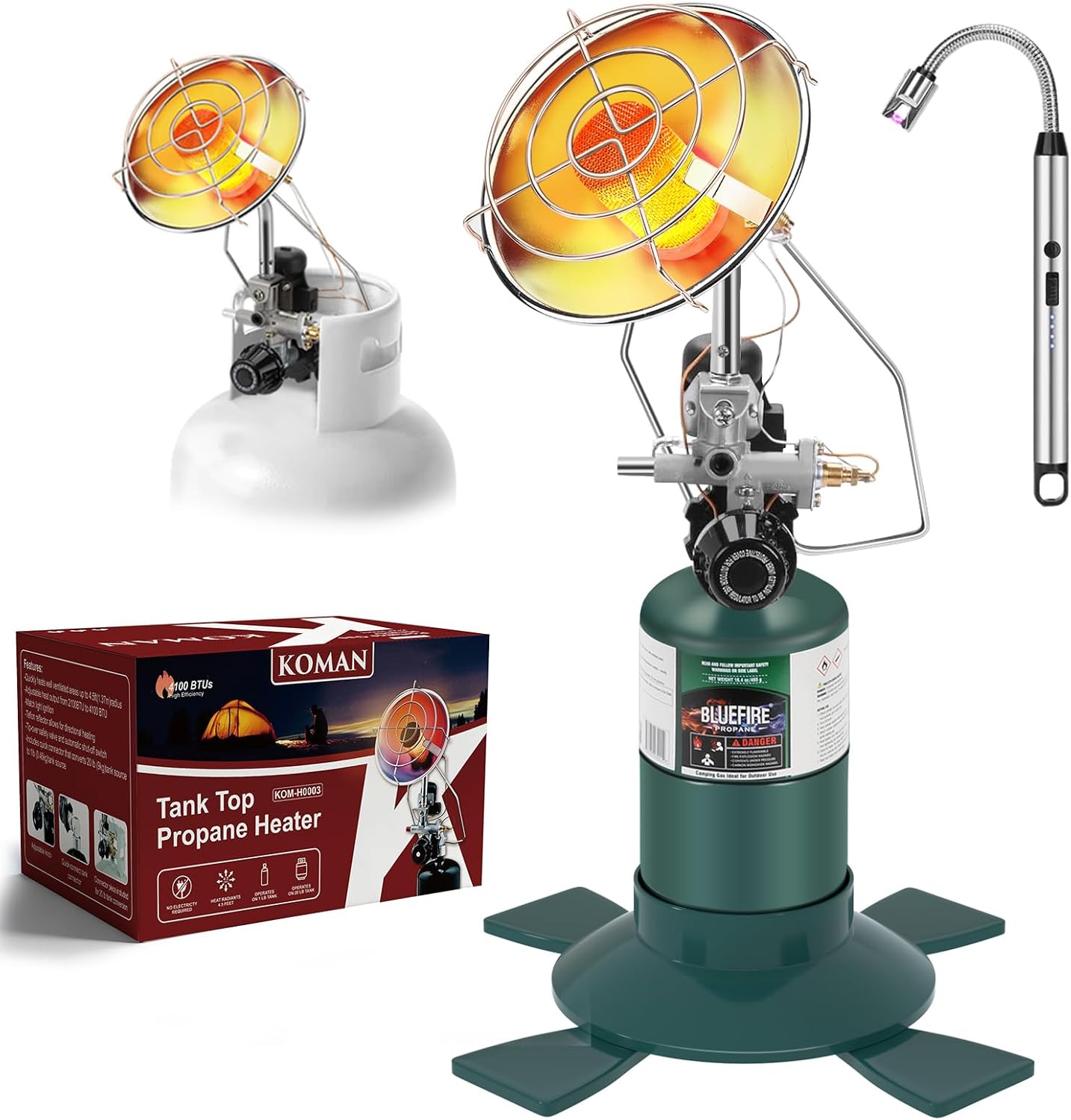 KOMAN Propane Heater for Tent, Camping & Patio - Portable Outdoor Heater with Safety Shut-off Valve & Tip-over Switch, for 1lb Propane Gas Tank & 20-40lb POL Adapter LP Tanks
