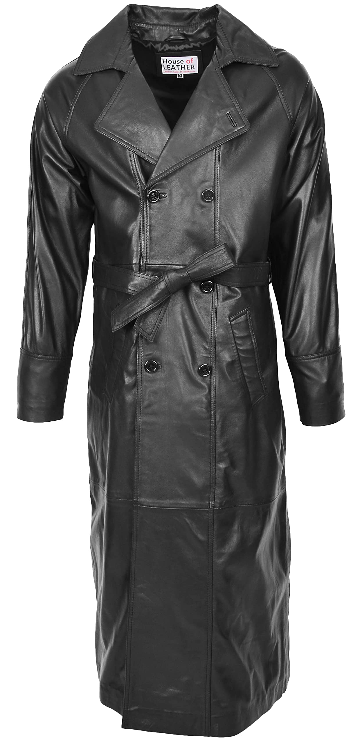 Mens Real Leather Full Length Coat Double Breasted Trench Pete Black (L)