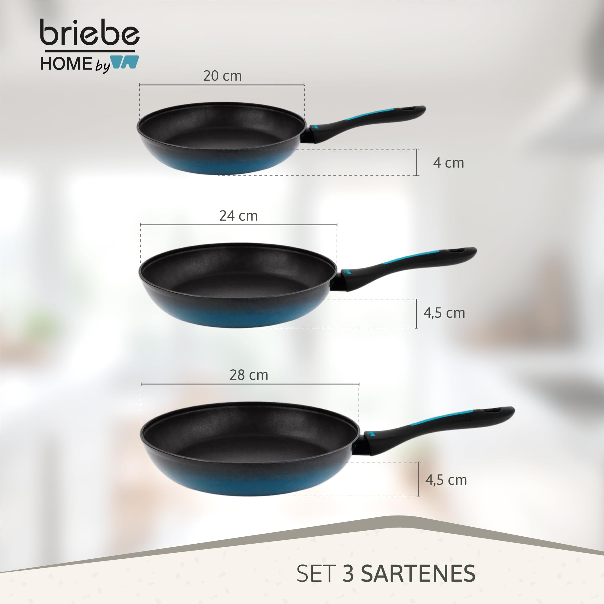 briebe MARE Juego de 3 Sartenes Inducción, Acero Forjado 20-24-28cm, Antiadherente Libre PFOA, Set Sartenes Profesionales, Alta Resistencia, Aptas Para Todo Tipo de Fuegos, Fabricadas en España