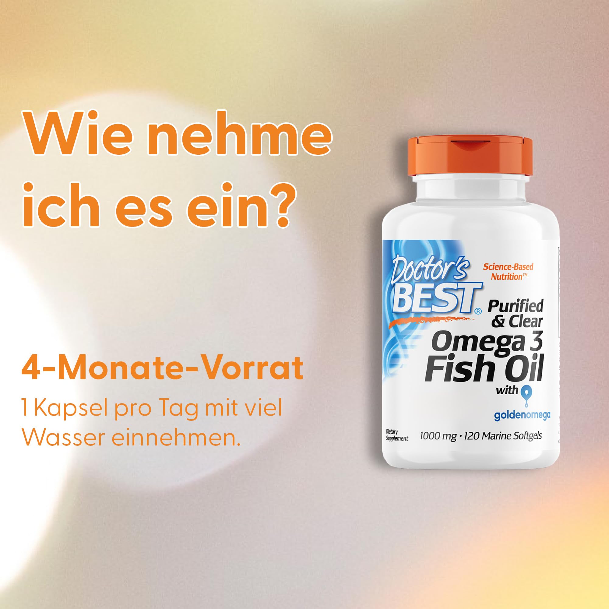 Doctor's Best, Purified & Clear Omega-3 Fish Oil (Fischöl), 1.000mg, mit den Omega-3-Fettsäuren DHA und EPA, 120 Kapseln, Laborgeprüft, Glutenfrei, Sojafrei