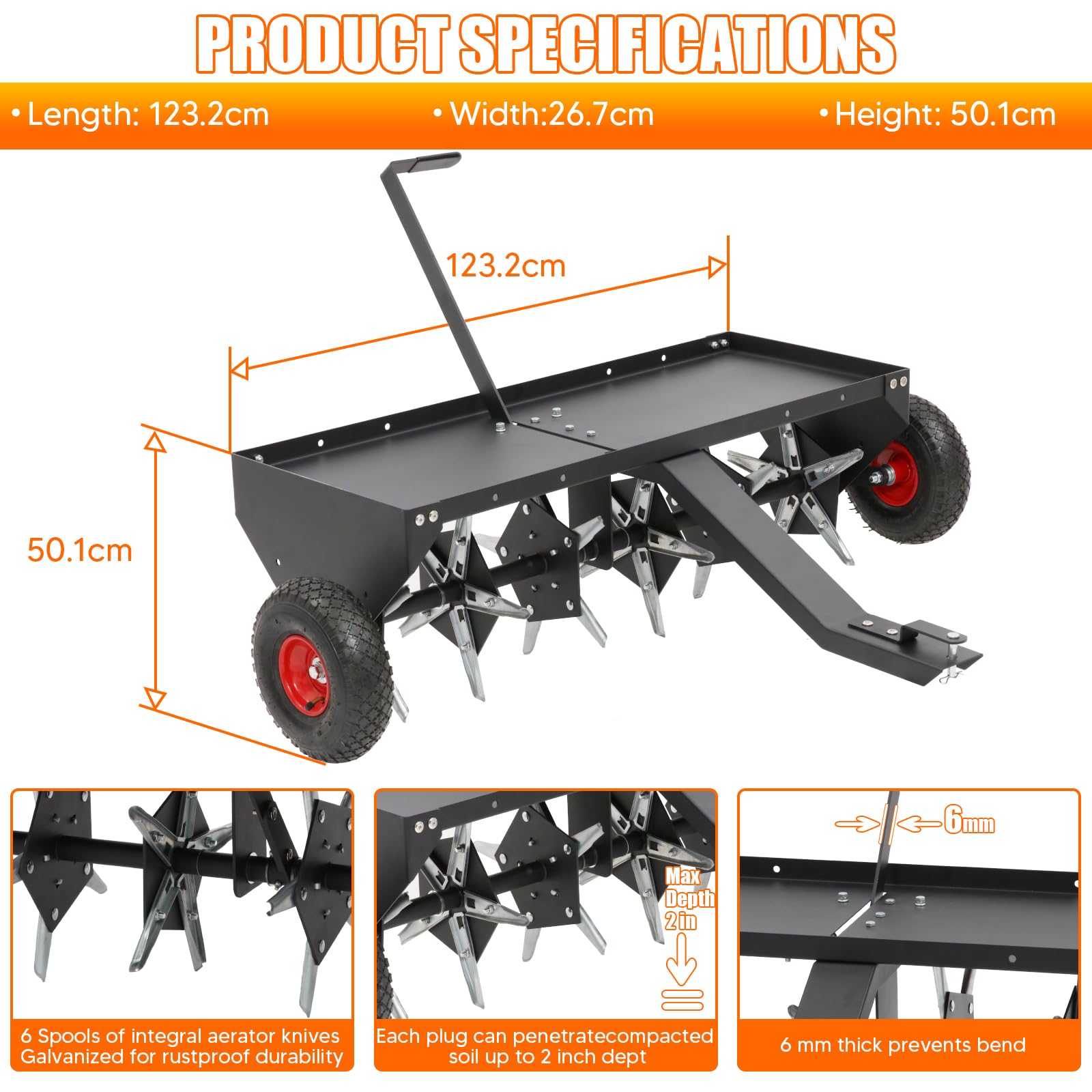 VELPAX Aérateur de pelouse en Acier pour Tondeuse autoportée - 123 x 50 cm - Design à 6 Dents - Profondeur de Travail de 5 cm - Embrayage pour Tracteur de pelouse