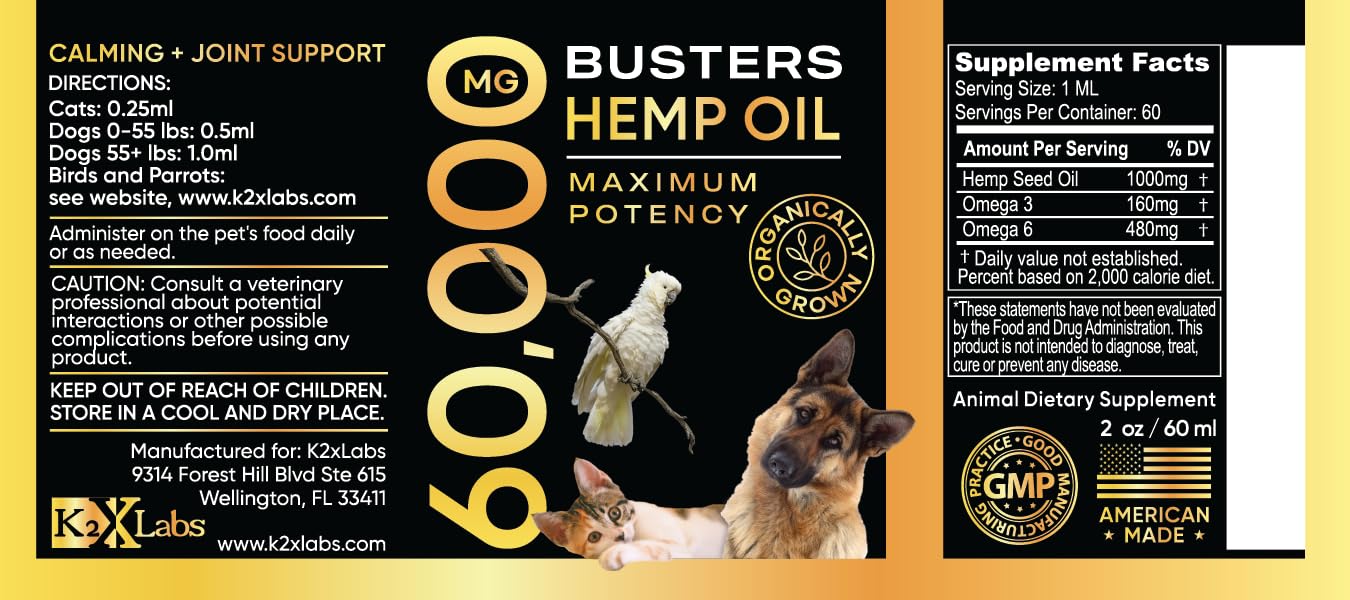 Buster's Organic Hemp Oil Large 60 Milliliters 2Pack 4Month Supply for Dogs Cats, Made in USA Omega Rich 3 6 and 9 Hip and Joint Health, Natural Relief, Calming