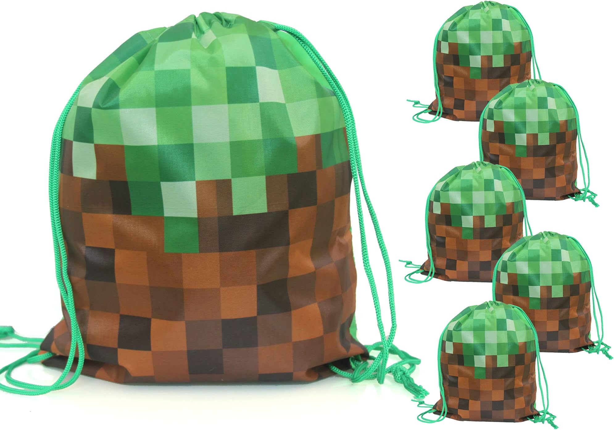 Think Green Fun Pixel Party Favors Drawstring Backpacks Bags for Mining Craft Theme, 6-Pack, 12x14 inches