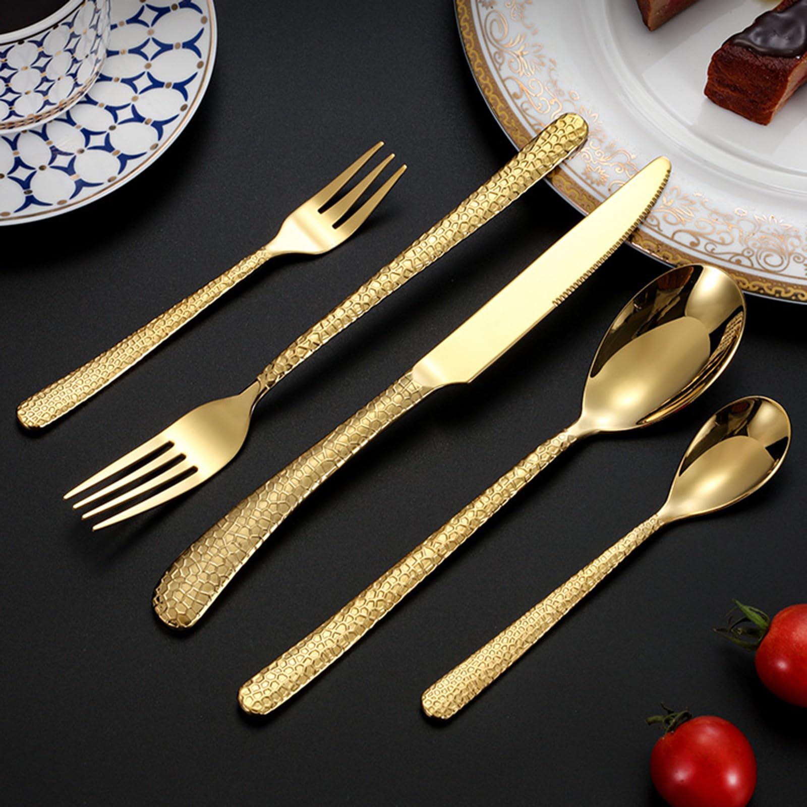 Goldenes, Elegantes Besteckset mit Hammermuster aus robustem Edelstahl, für 6 Personen, inklusive modischem, wiederverwendbarem Messer-, Gabel- und Löffelset für die Küche zu Hause