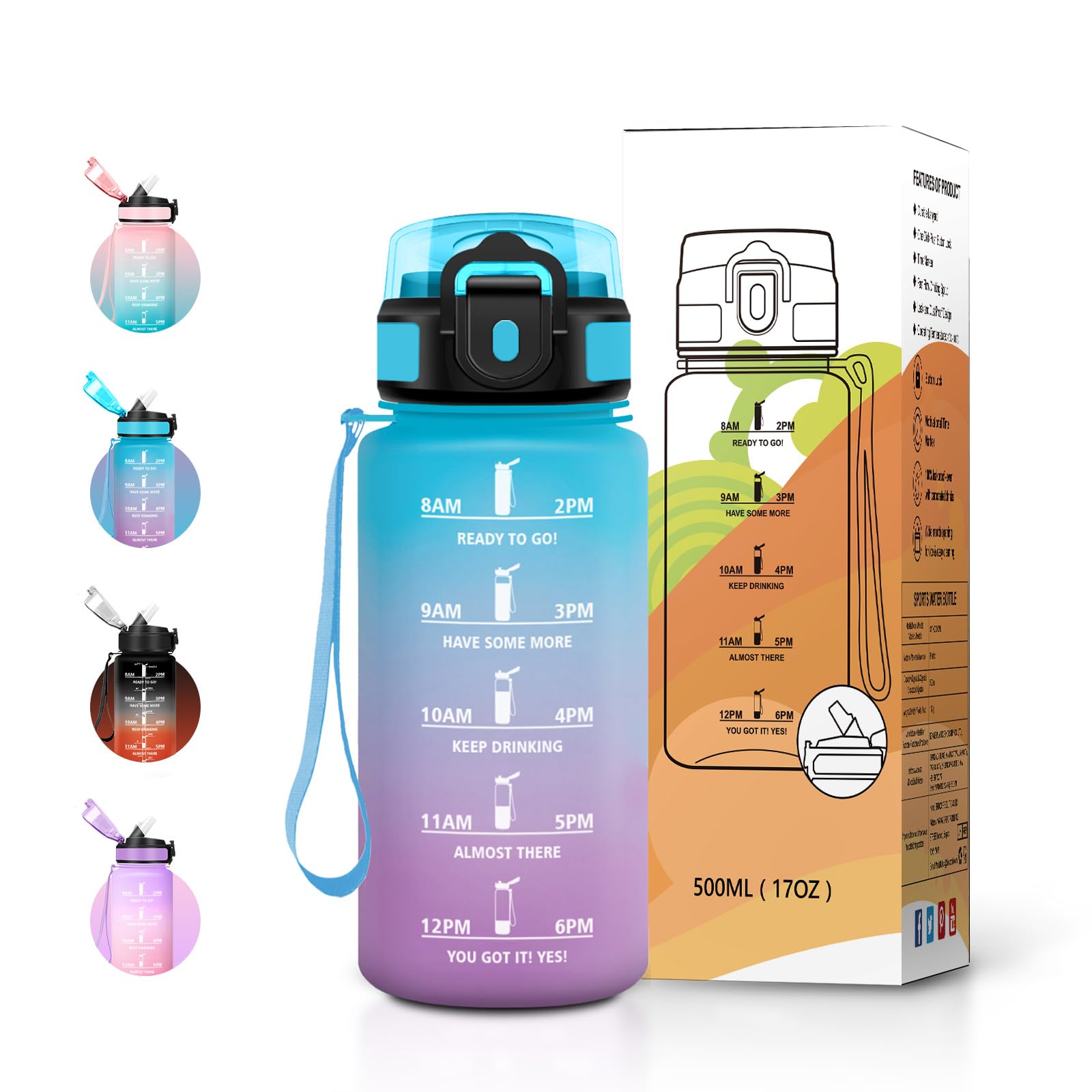 JAPORIA 500ml Water Bottle with Straw and Time Markers, BPA Free, Leak Proof, Reusable Bottle Ideal for School, Office and Yoga