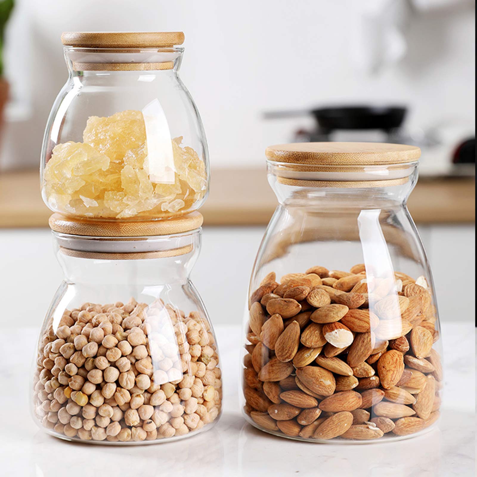 2 botes de cristal con tapa hermética de bambú transparente para almacenamiento de alimentos para frutos secos, café, granos de harina, cereales, avena, azúcar y té (700 ml)