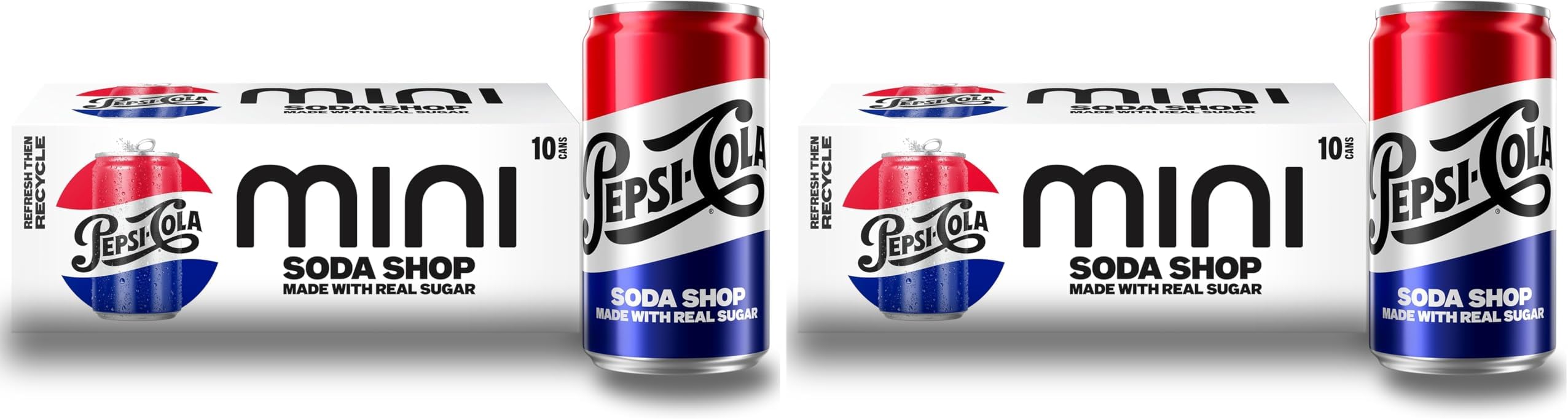 Real Sugar Soda, Mini Cans, 7.5oz Mini Cans, (Two packs of 10), Cola, Soda Pop (Packaging May Vary)