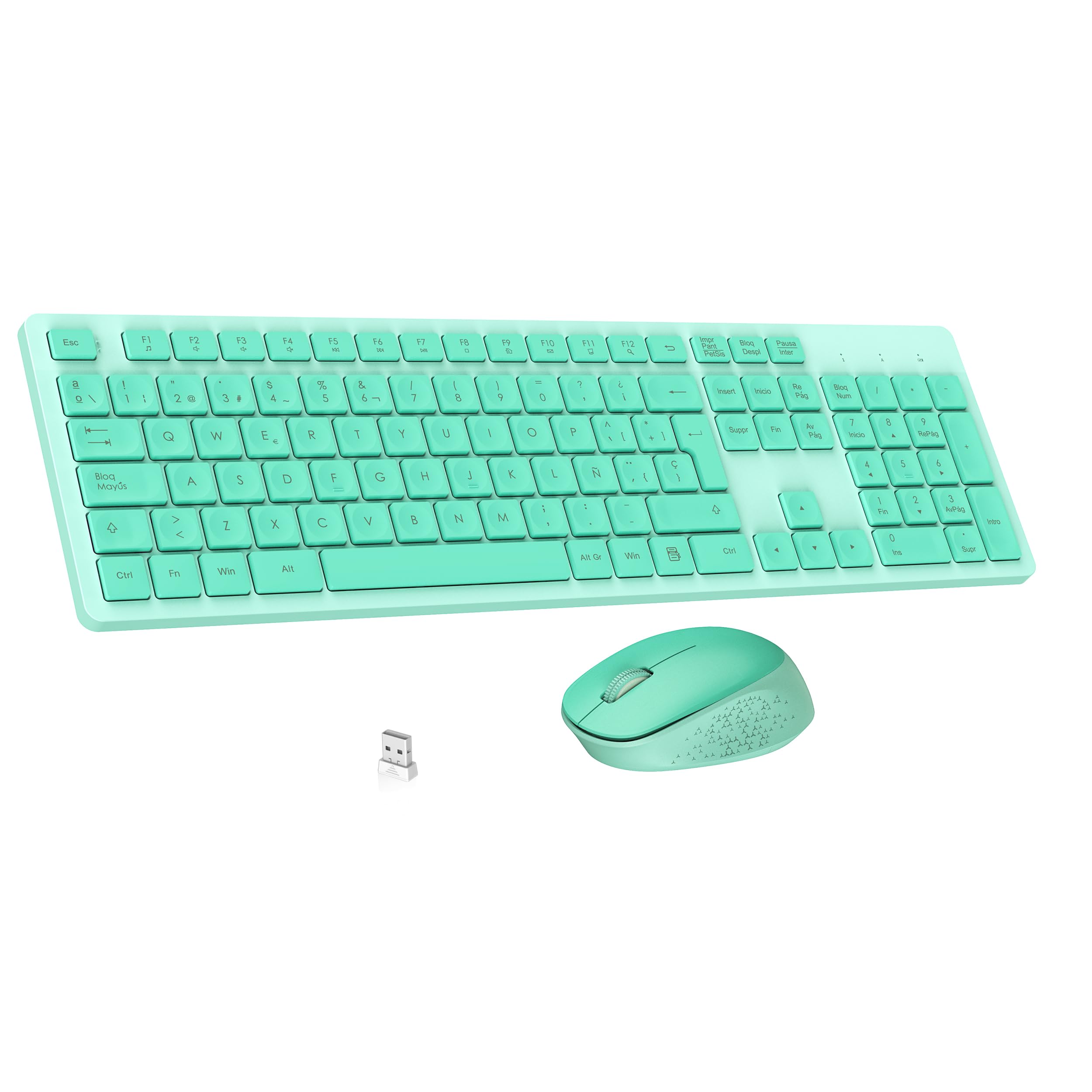 LeadsaiL Teclado y Raton Inalámbrico, Teclado y Raton Inalambrico Ergonómico, Español QWERTY, Tamaño Completo con Teclado Numérico, Receptor USB 2.4 GHz for Mac, PC, Ordenador Portátil-Verde Menta