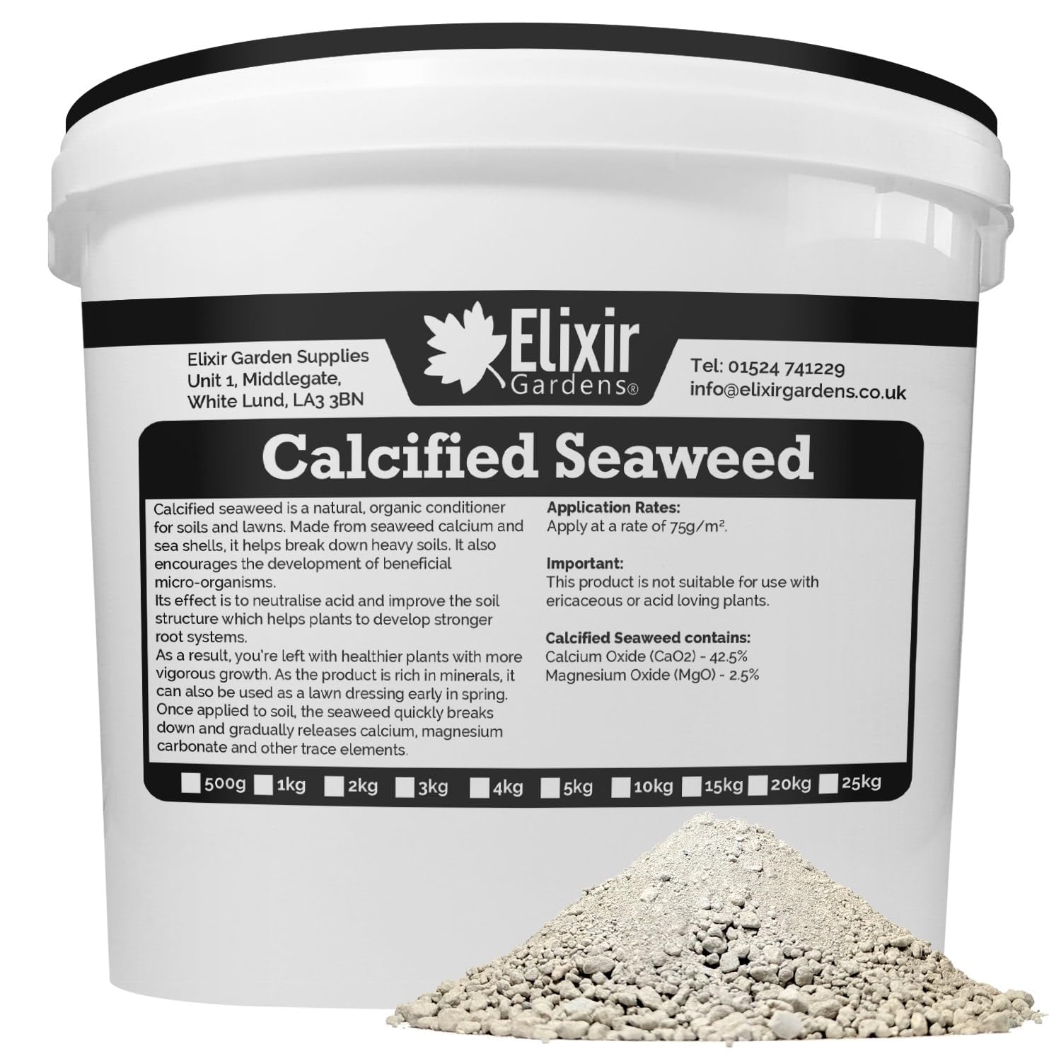Elixir Gardens | Organic Calcified Seaweed Fertiliser/Plant Feed | 500g - 25kg Available in a Bag or Tub | 25kg Tub | Treats upto 330sqm