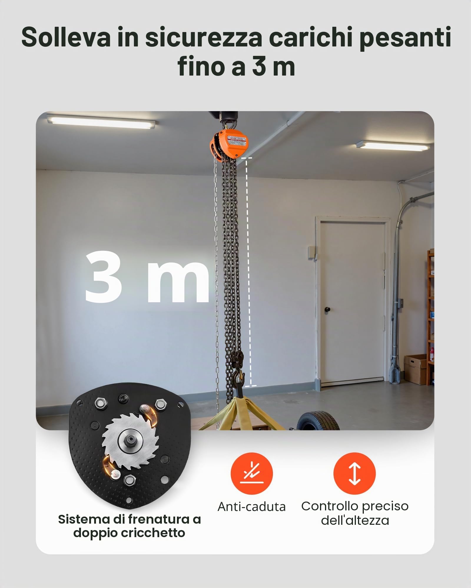 VEVOR Paranco a Catena Manuale, Capacità 3 T, con Catena Zincata G80 di Aggiornamento, Altezza di Sollevamento 3 m, Paranco a Puleggia per Macchinari Automobilistici da Magazzino, Arancione