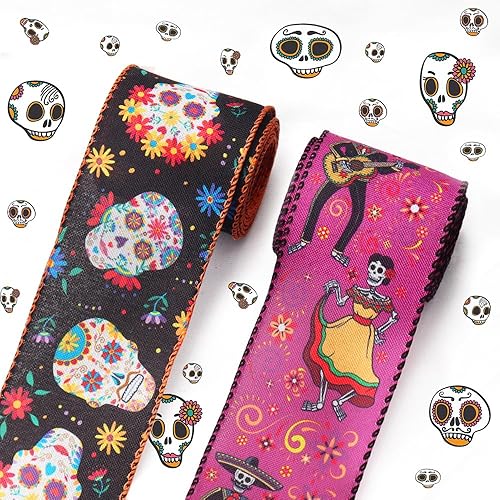 2 rollos de cintas de arpillera con borde de alambre del Día de los Muertos de 10 yardas, cinta de arpillera de calavera de azúcar negra y morada,