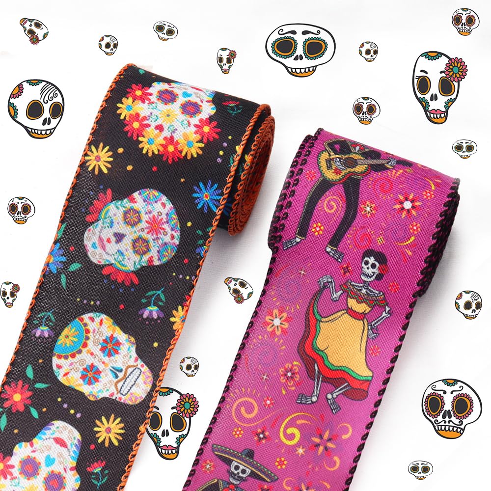 Threetols 2 Rollen Halloween-Drahtband – 9,1 M, Schwarz/orange, Mit Zuckerschädel-Motiven | Für Dia De Los Muertos, Partydeko, Basteln & Geschenke