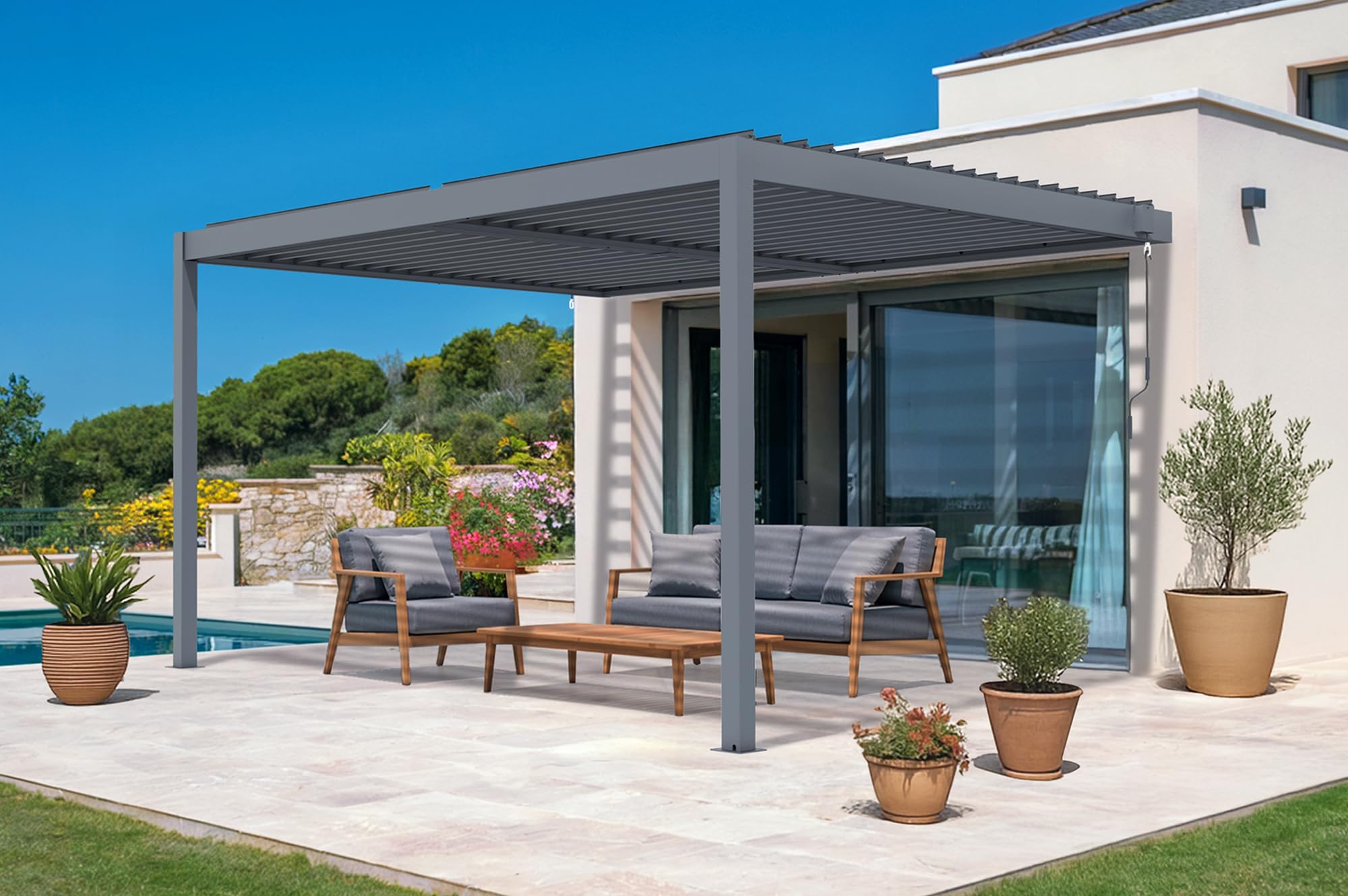 CAZEBOO Pergola Bioclimatique Adossée Piana 388x298 cm 4x3 m 12 m² Aluminium Gris Anthracite Lames Acier Orientables Terrasse Protection UV Résistant Vent 70 km/​h Rotation 110° Structure RAL 7016