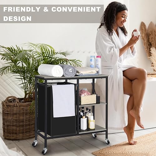 Miniatura 4 de melos Cesto de lavandería, clasificador de ropa sucia con tres estantes, cesta extraíble con estante, sección organizadora de cesta de lavandería