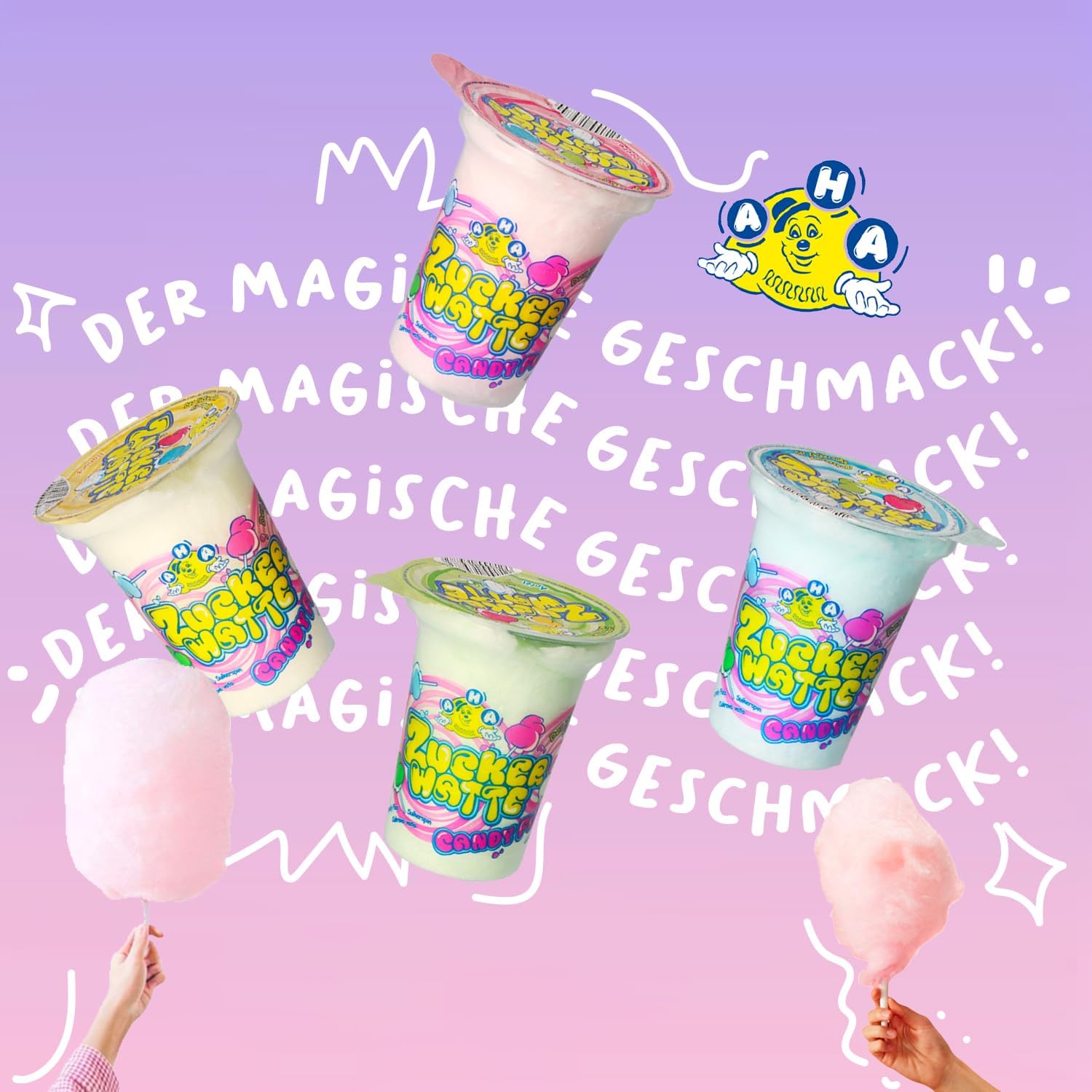 AHA Zucchero filato 4 varietà colorate, 36 x 20 g, in tazza, qualità premium, confezione di scorte, 4 gusti come al mercato annuale, per feste, casa, feste in giardino, celebrazioni