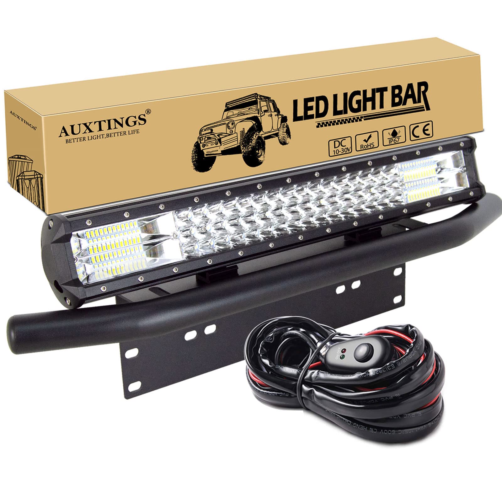 AUXTINGS 50cm 288W LED Bar à barres de lumière Spot Point avec kit de harnais de câblage + support de fixation de plaque d'immatriculation pour voiture camion VTT SUV 4x4 JP Tracteur bateau, 12V 24V