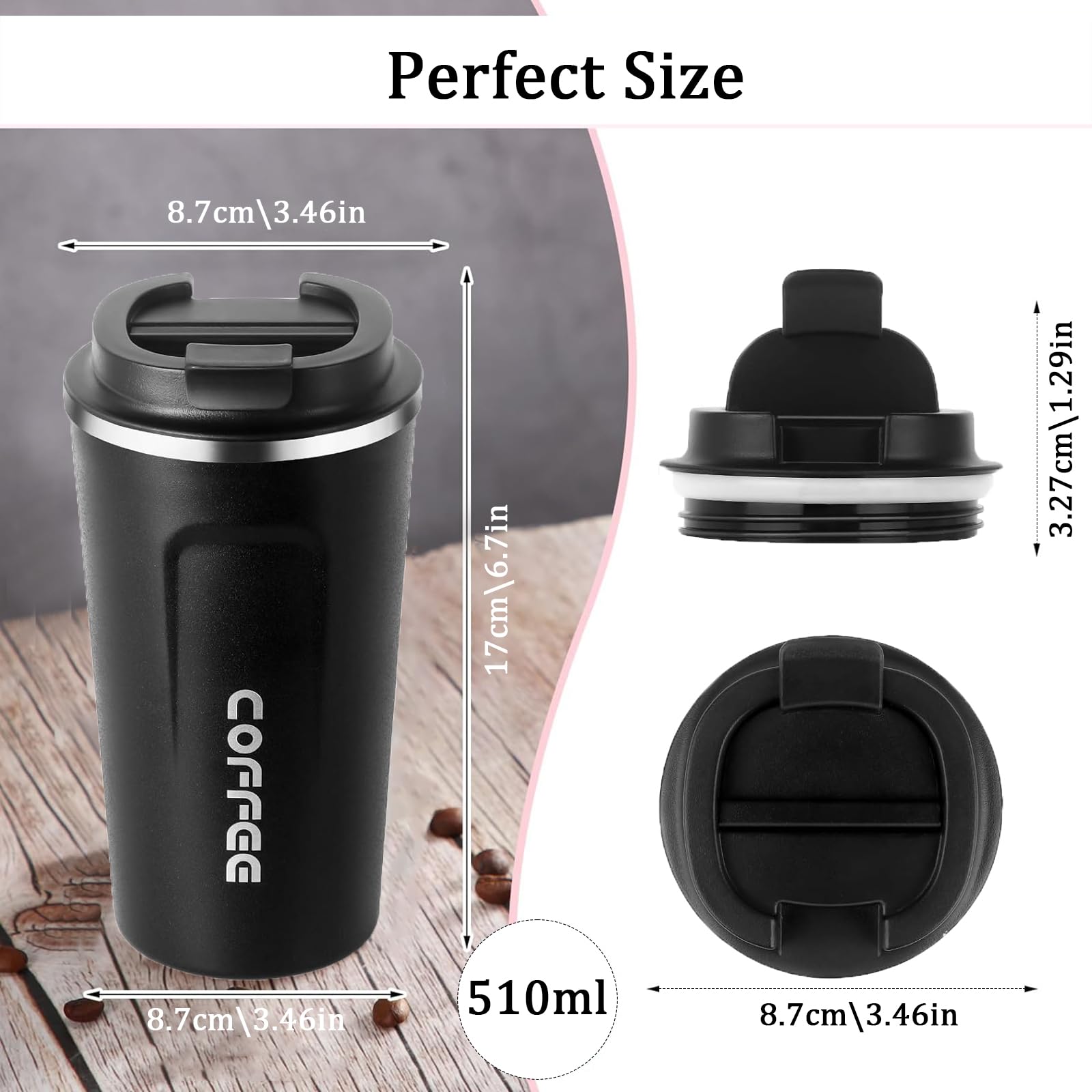 Senshuomy Travel Coffee Mug Spill Proof,Insulated Coffee Mug to Go,Coffee Tumbler,Reusable Coffee Cups with Seal Lid,Water Cup for Keep Hot/Ice Coffee,Tea and Beer (Black/510ml) - Image 4