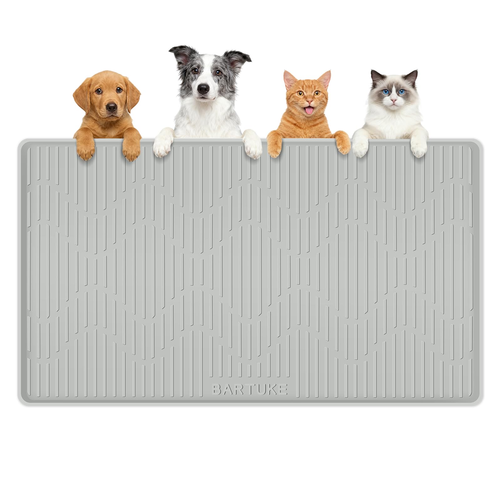 Bartuke Silicone Cat & Dog Food Mat, 36" x 24" Large Pet Feeding Mat for Cats and Dogs Bowl, Pet Placemat for Food and Water with Raised Edge, Waterproof, Leakproof (Grey)