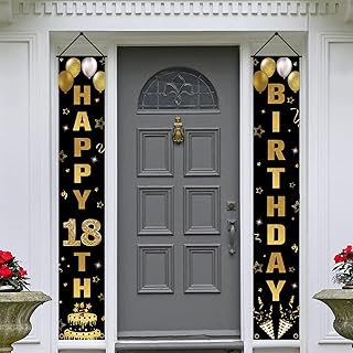 HTDZZI Happy 18th Birthday Decorations for Boys Girls, 18th Birthday Hanging Porch Sign Decorations Black Gold, 18 Year Old Birthday Party Yard Sign Banner Decor for Women Men, Sturdy, Fabric,