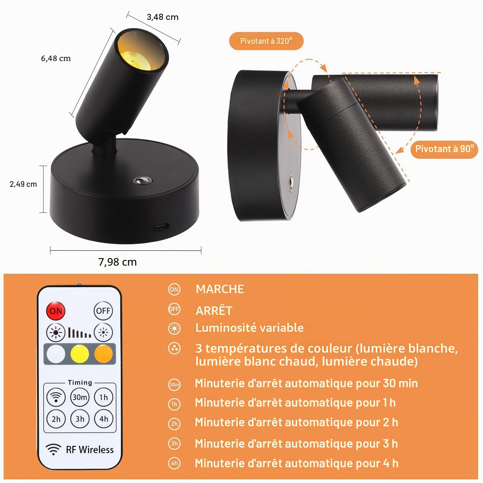 MIOBLUE Spot LED rechargeable par USB avec télécommande,3températures de couleur,à intensité variable,sans fil,avec fonction de minuterie pour art, plantes, portraits,1 pièce [Classe énergétique A+++]