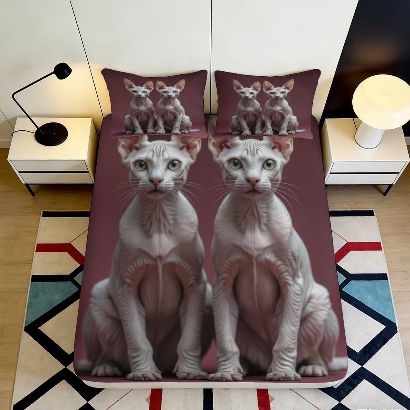3D Printed Sphynx Cat Fitted Sheet Microfiber Soft Breathable Artistic Pet Bed Sheet for Bedroom Guest Room Decor 90x200x25cm