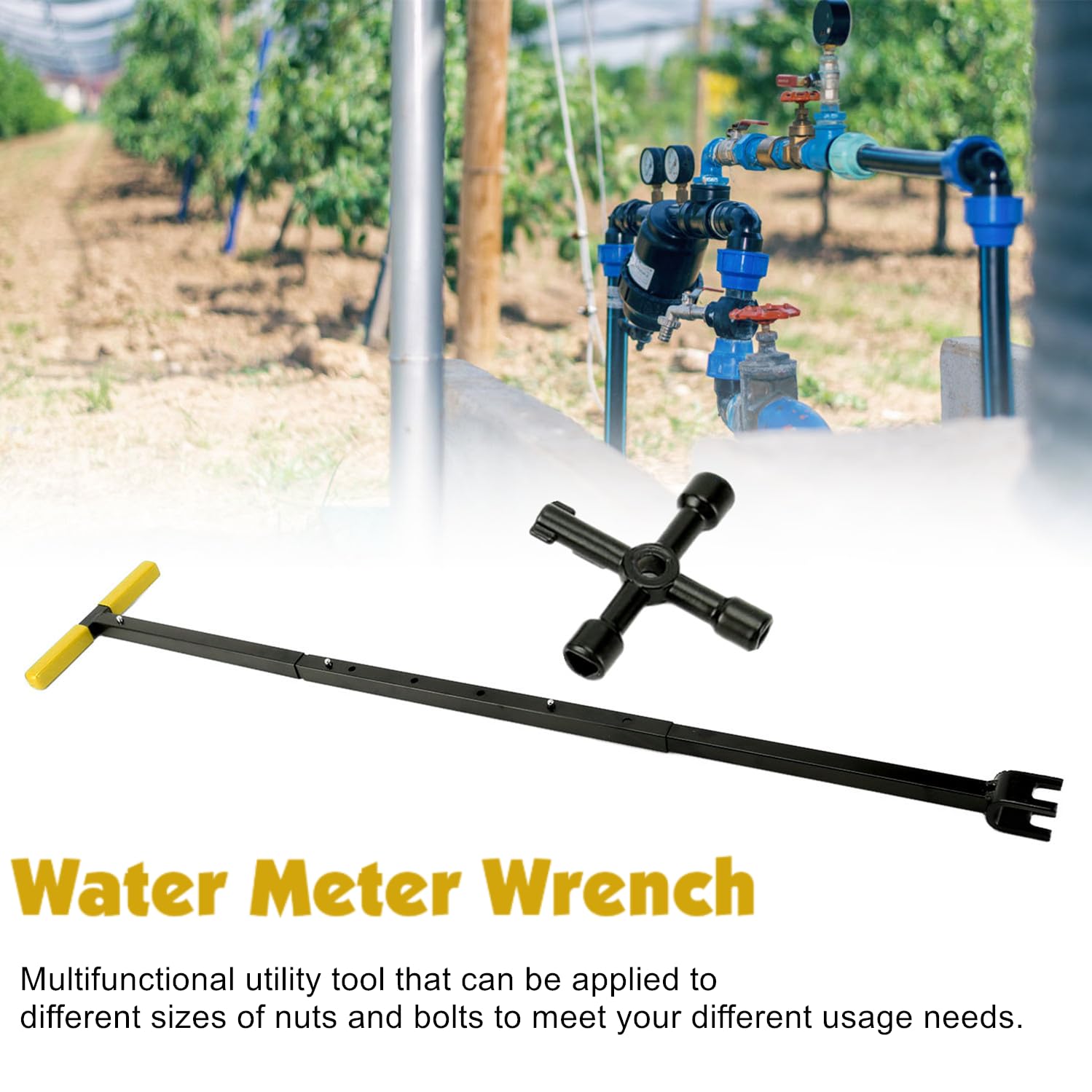 Mumusuki Wasserzählerschlüssel, Faltbarer Stahl-T-Griff Wasserschlüssel, Wasserabschaltwerkzeug mit 4 Multifunktionsschlüssel für Ventile Wasserhähne Reparaturen 20x95cm (Gelber Griff)