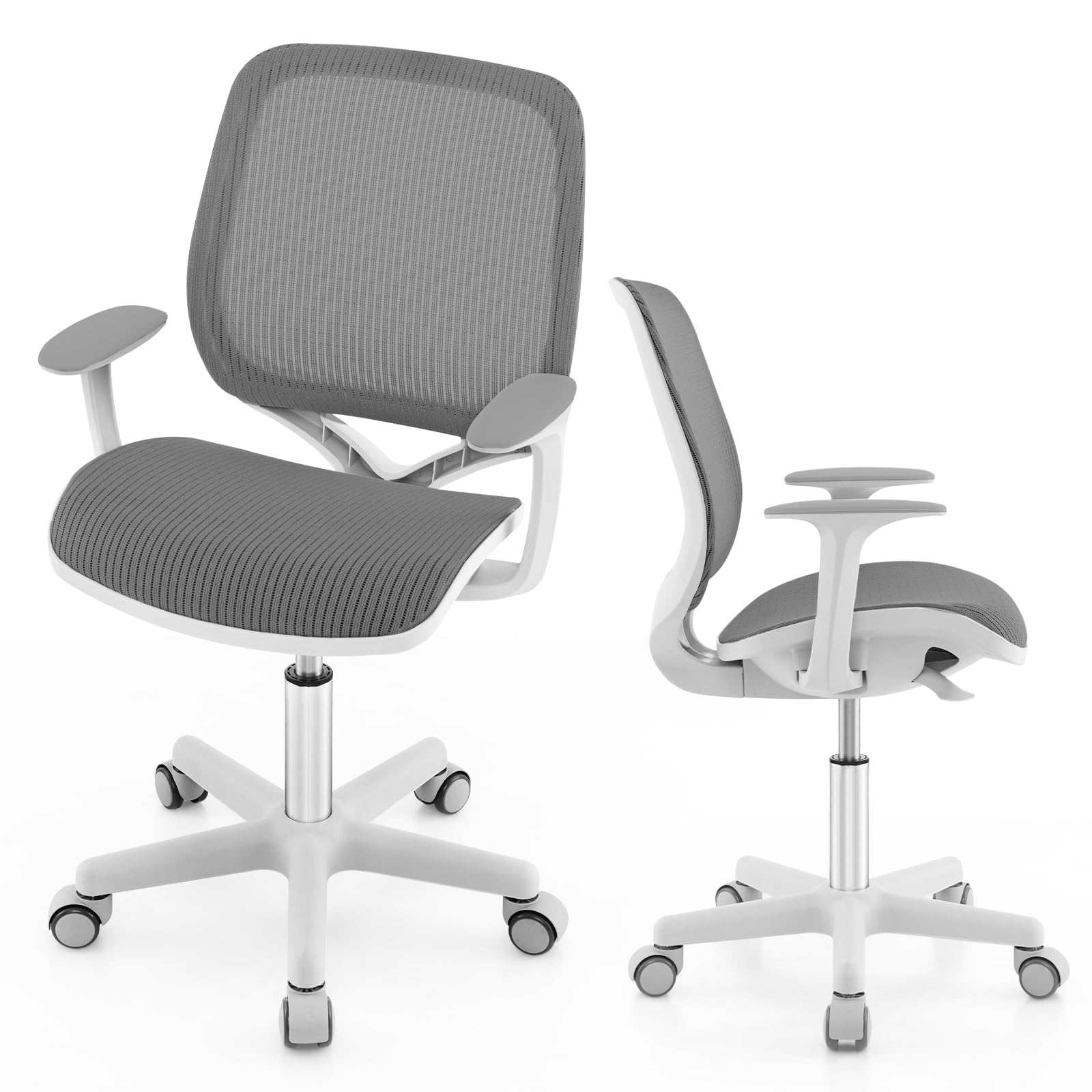 FANTASK Ergonomischer Schreibtischstuhl Kinder, Höhenverstellbar 43-55cm, 360° Drehstuhl mit Rückenlehne & Armlehnen, Bürostuhl mit 5 arretierbaren Rollen, für Kinder ab 6 Jahren (Grau)
