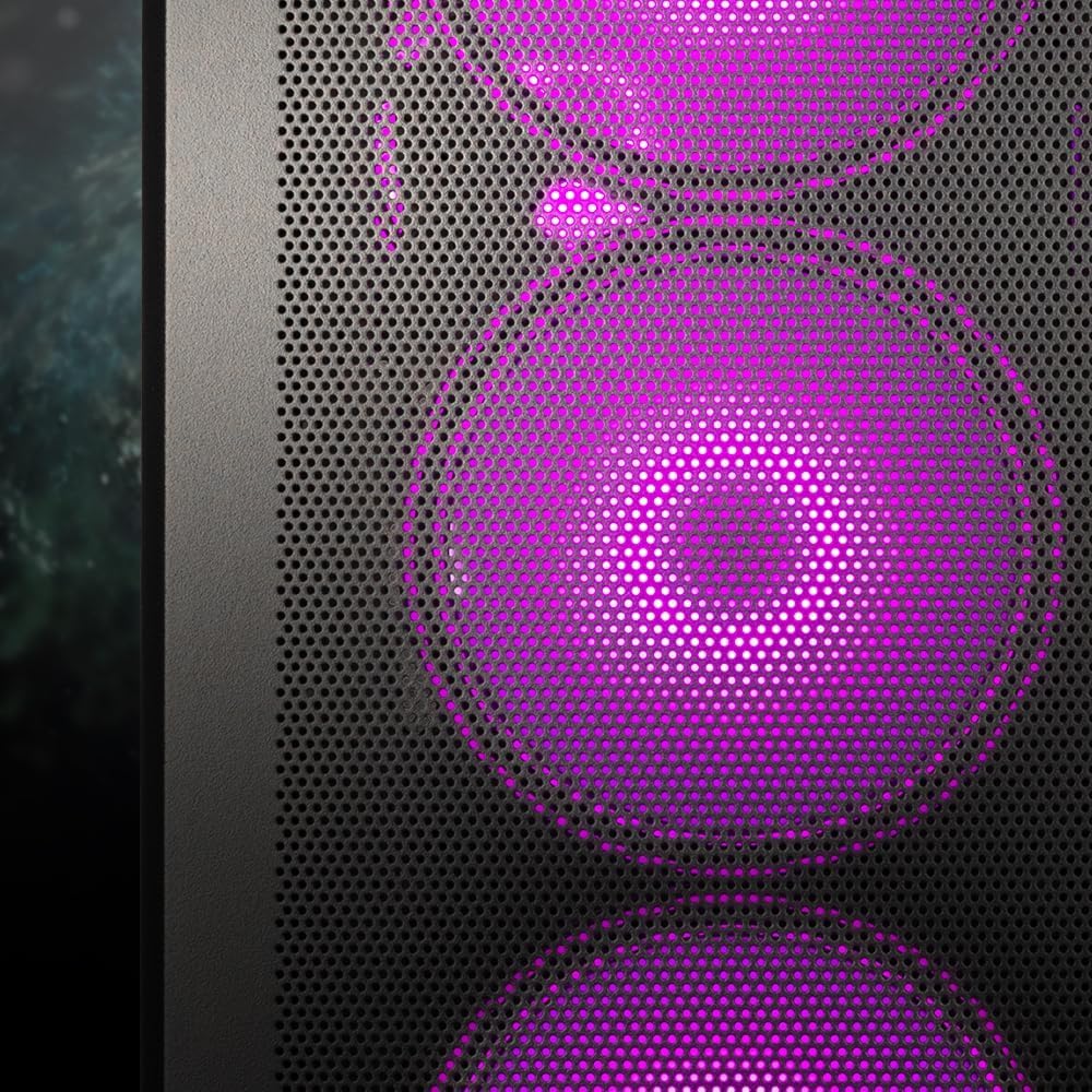 Close-up of Kolink Unity Peak front fans with purple ARGB lighting