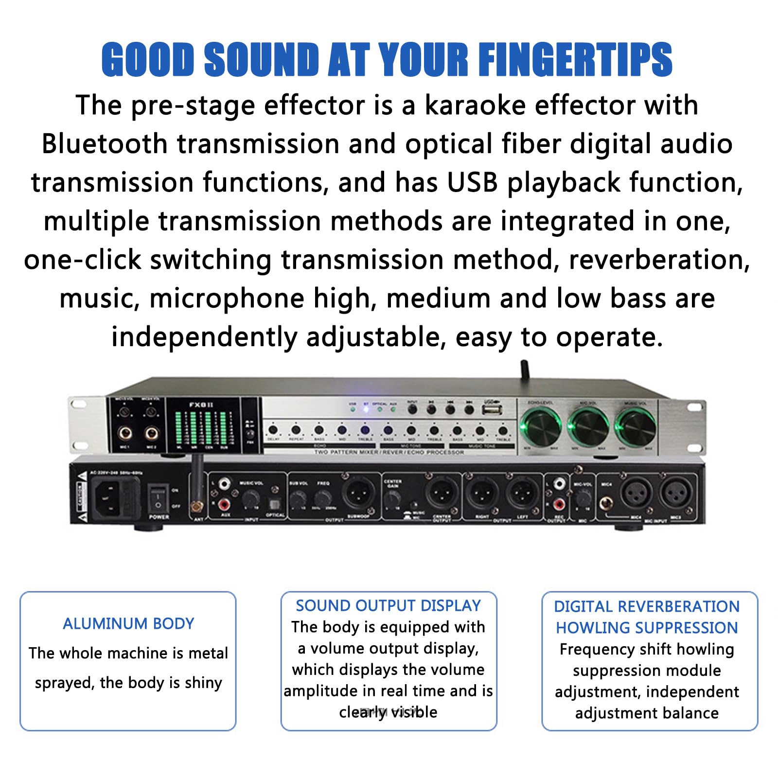 GZPKJ Processeur D'effets Vocaux, Processeur Audio Anti-hurlement Professionnel, Méthodes De Transmission Audio Multiples, Affichage LED, pour Réverbérateur Domestique, Karaoké, Scène, Église
