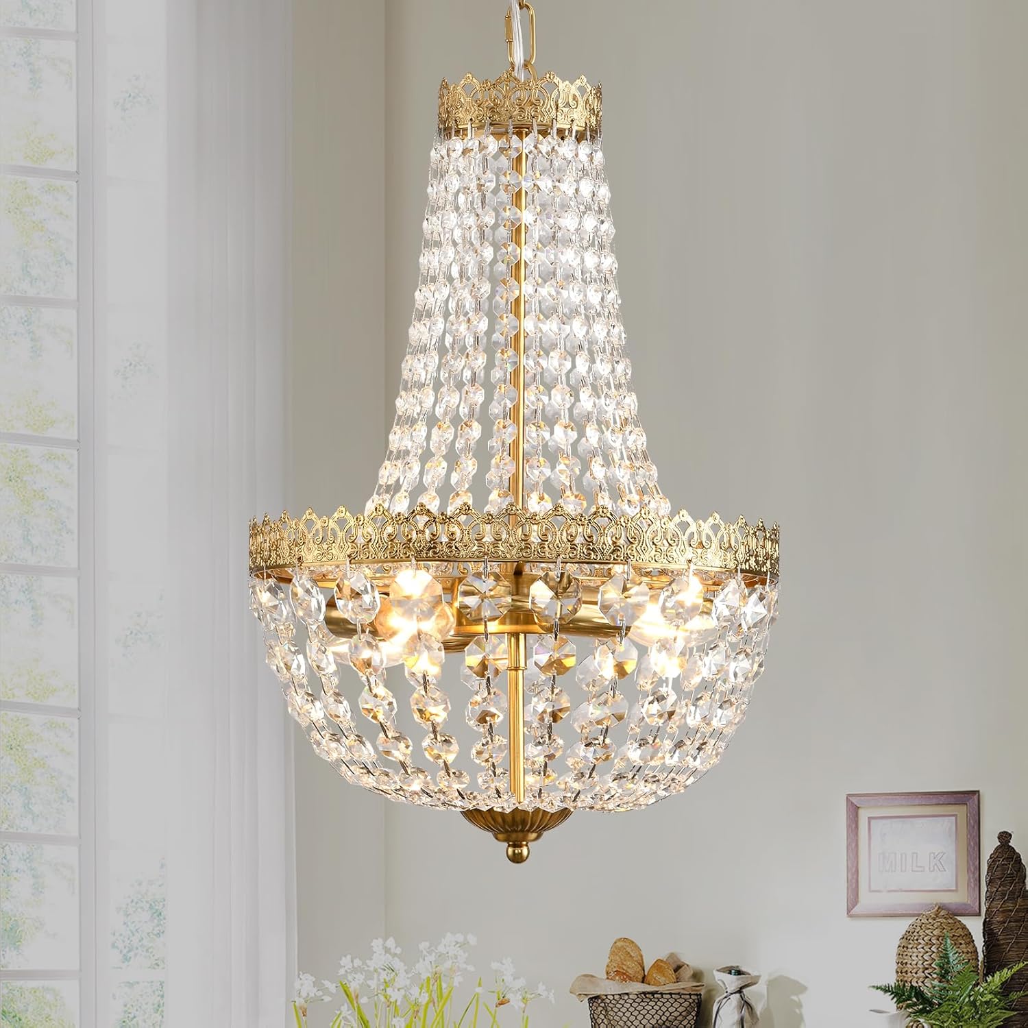 Mini French Empire Crystal Chandelier 4 Lights Pendant Lighting Fixture for Dining Living Room Foyer Kitchen Bedroom Entryway,Antique Brass,E12,19.7" Hx12.6 W