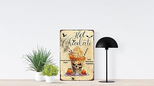 Miniatura 7 de Cartel de metal vintage de chocolate caliente para Halloween, diseño de calabaza, retro, para decoración de pared para el hogar, restaurante, póster