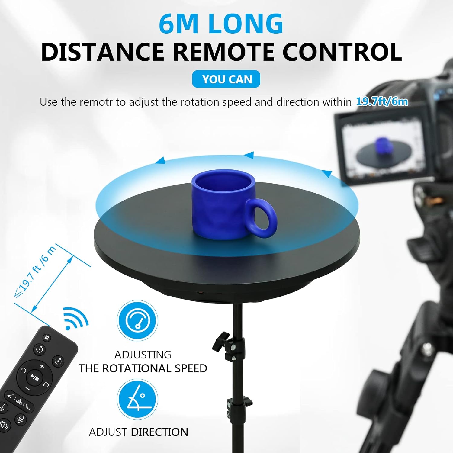 Image showing a turntable with a mug on it, a remote control, and a camera in the background, illustrating remote control distance and functions.