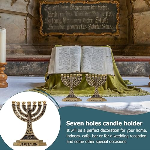 Miniatura 6 de ABOOFAN 7 portavelas de menorá de rama para tabernáculo de Shabat, 2 adornos de menorá de Hanukkah, centro de mesa, decoración del hogar, dorado