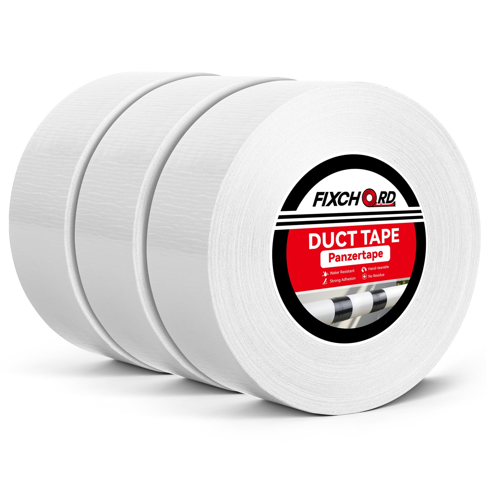 FIXCHORD 3 Rolls Duct Tape, 50mm×50m Waterproof Adhesive Cloth Tape, Heavy Duty Strong Gaffer Tape, Repair Tape for Repairing, Reinforcing, Bundling, Sealing, Indoor/Outdoor, White