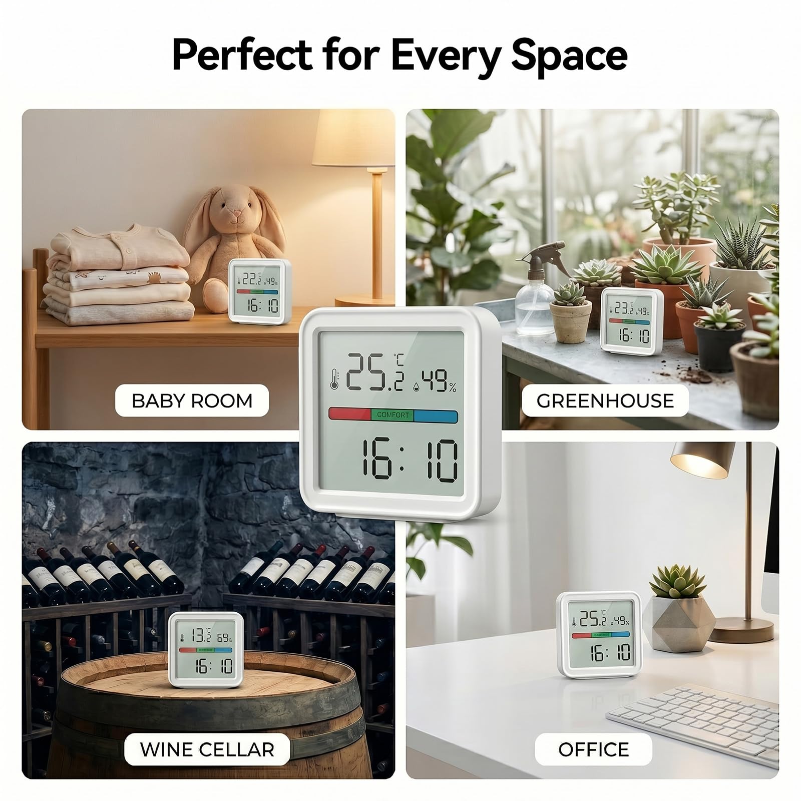Termómetro & Higrómetro WiFi Inteligente – Sensor de Temperatura y Humedad con Alertas en App, Compatible con Alexa, Pantalla LED Retroiluminada – Monitor de Interior para Hogar y Invernadero