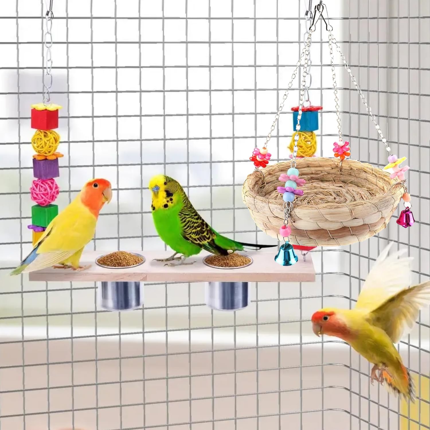 DVOFU Parrot Nest Bird Parrot Toy Natural Rattan Nest Straw Nest Bed Swing with 4 Metal Bells for Lovebird Finch Canary Budgie - Image 4