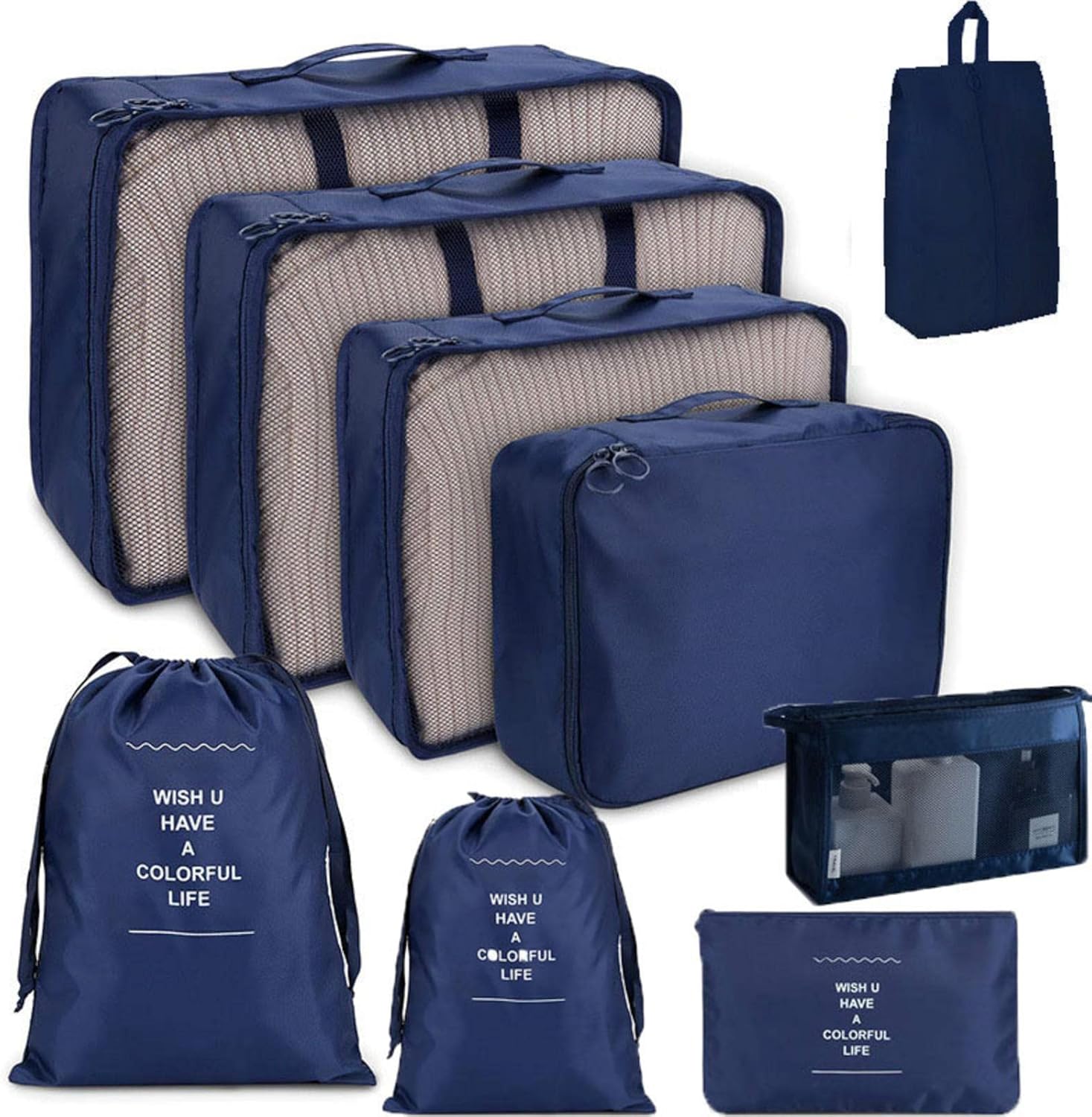 KAYNO Thickened cosmetic bag travel storage bag set nine-piece set clothing storage bag drawstring travel bag, dark blue