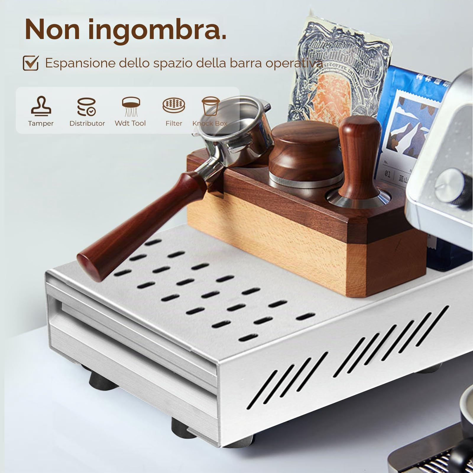 Contenitore Fondi Caffe Cassetto Fondi Caffe in Acciaio Inossidabile Knock Box Coffee Station Cassetto Battifondi Caffè con Asta Gommata