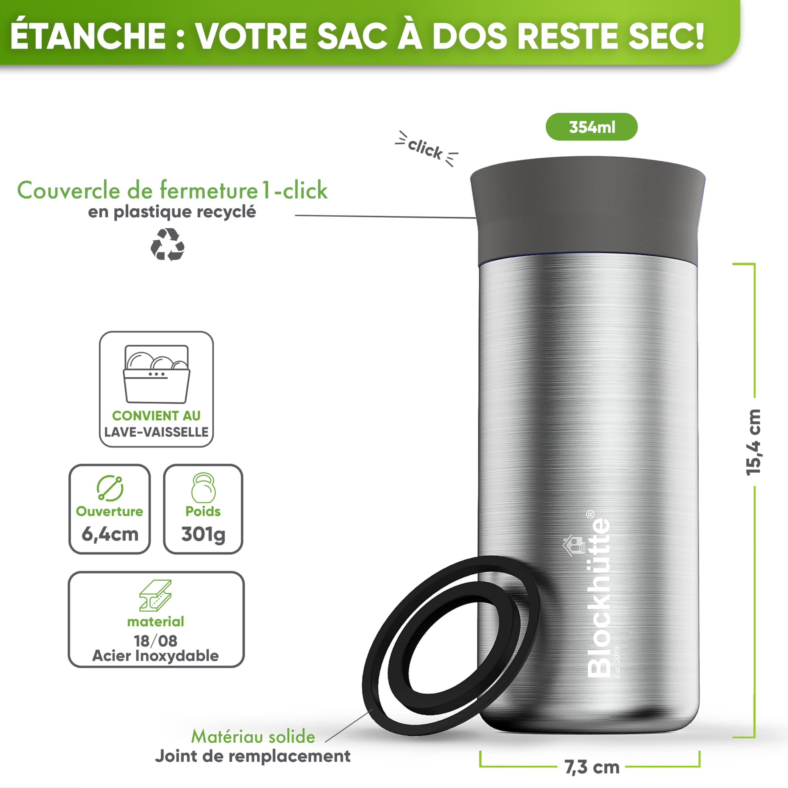 Blockhütte Travel Mug Isotherme Cafe en Acier Inoxydable – 354ml Tasse Isotherme, Mug Thermos gardant la chaleur jusqu'à 8 h - Gobelet Thermique Anti-Fuite, Tasse à Café à Emporter – Noir