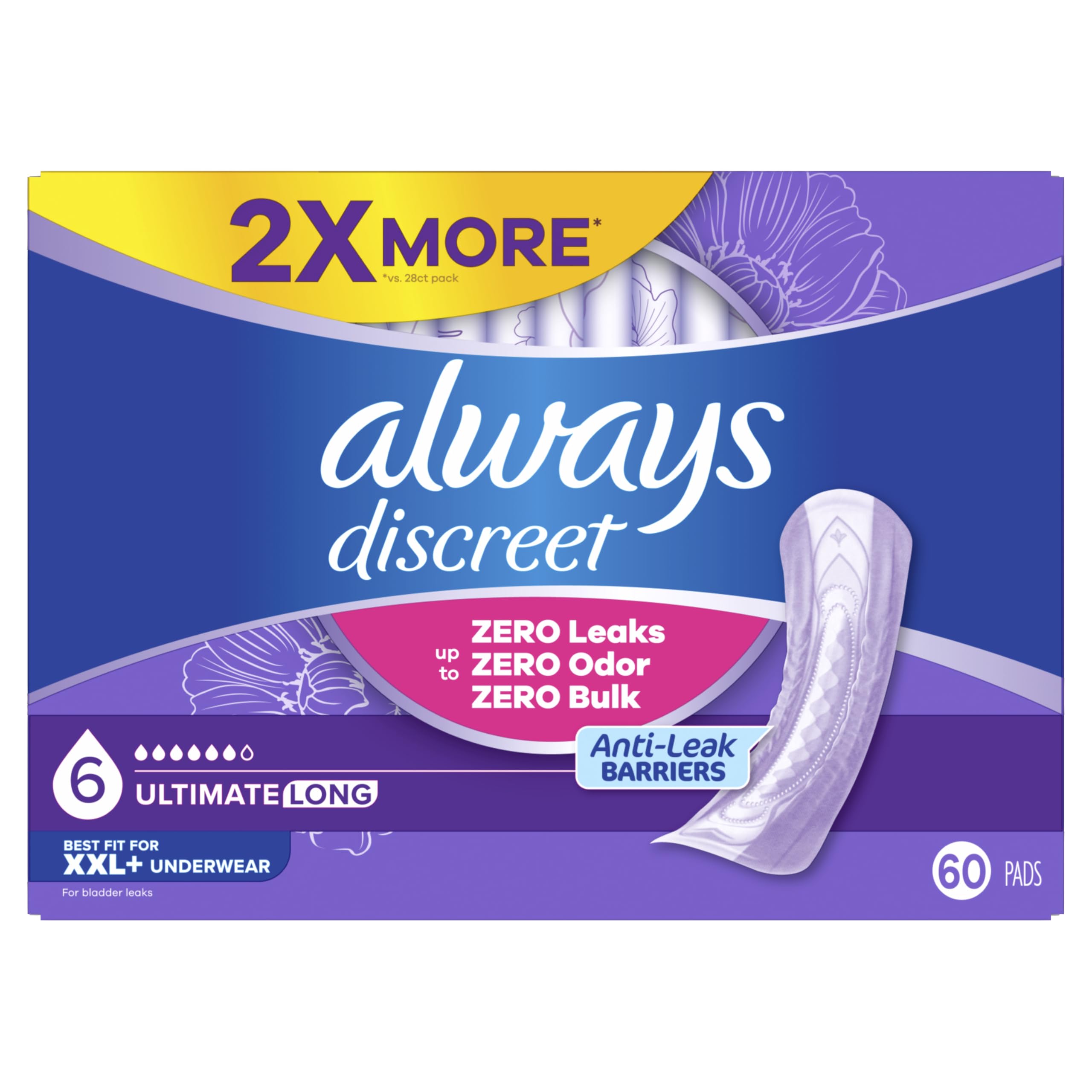 Always Discreet Wkładki na nietrzymanie moczu dla dorosłych dla kobiet, bardzo duża chłonność, regularna długość, wkładki po porodzie, 60 sztuk