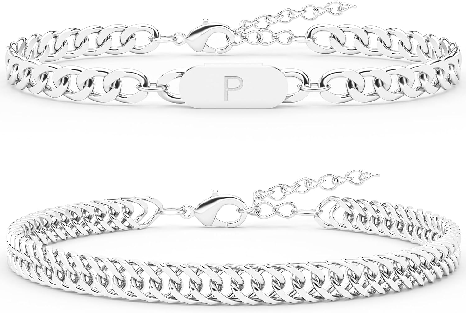 2PCS Initial Letter Cuban Bracelet, A-Z Letter Pendant Stainless Steel Silver Cuban Link Chain for Men Women Jewelry Set for Him Her