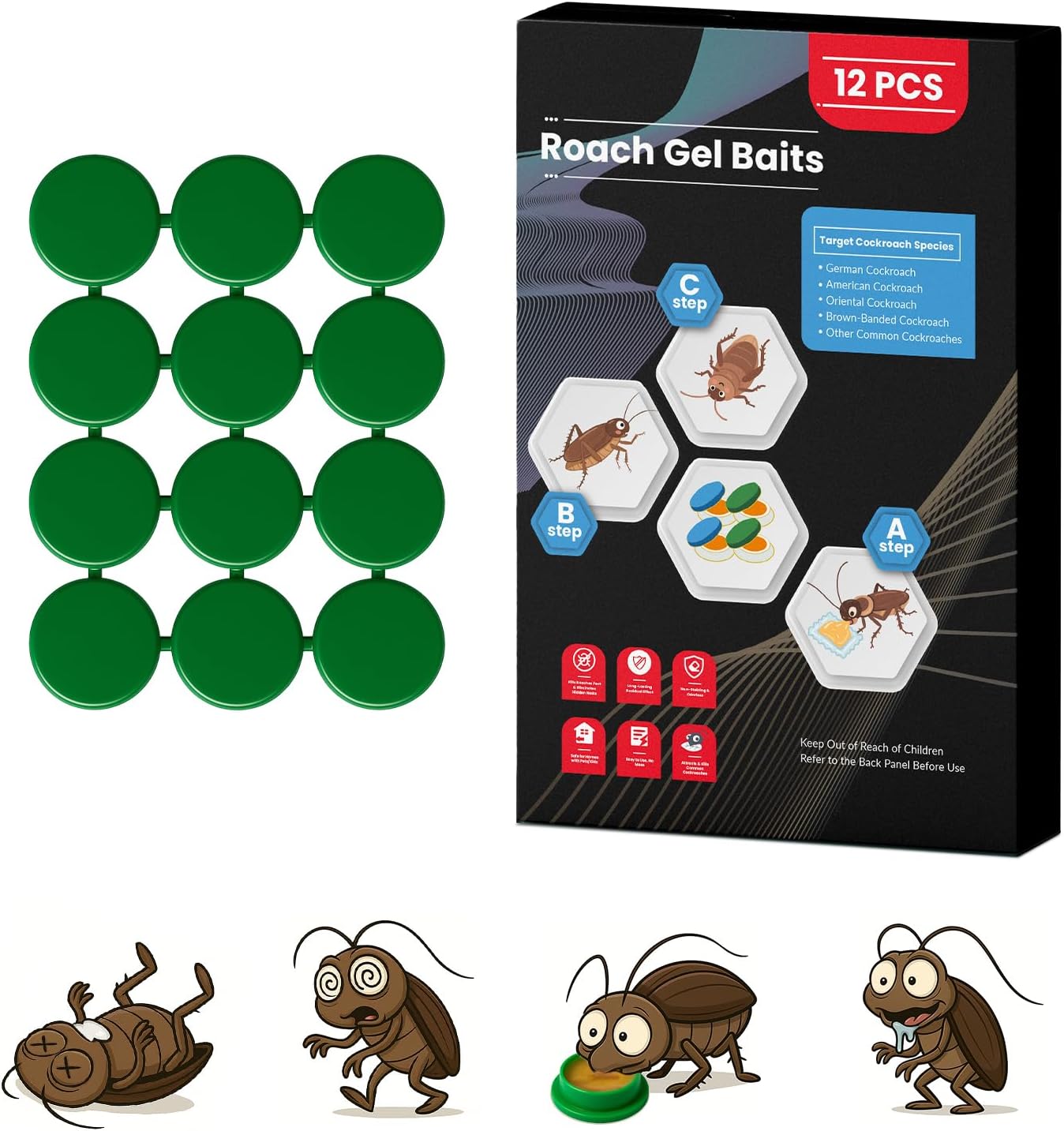 12 Pack Roach Killer Indoor Infestation Roaches Gel Bait Stations, Powerful Cockroach Killer Indoor Home for Roach Infestation, Long-Lasting & Effective Cockroach Gel Bait, Easy to Use & No Mess