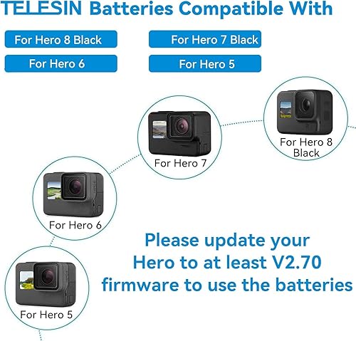 Miniatura 7 de TELESIN - Paquete de 2 baterías para Hero 8765, batería USB de 3 canales, cargador rápido con cable tipo C compatible con GoPro Hero 8 Negro, Hero