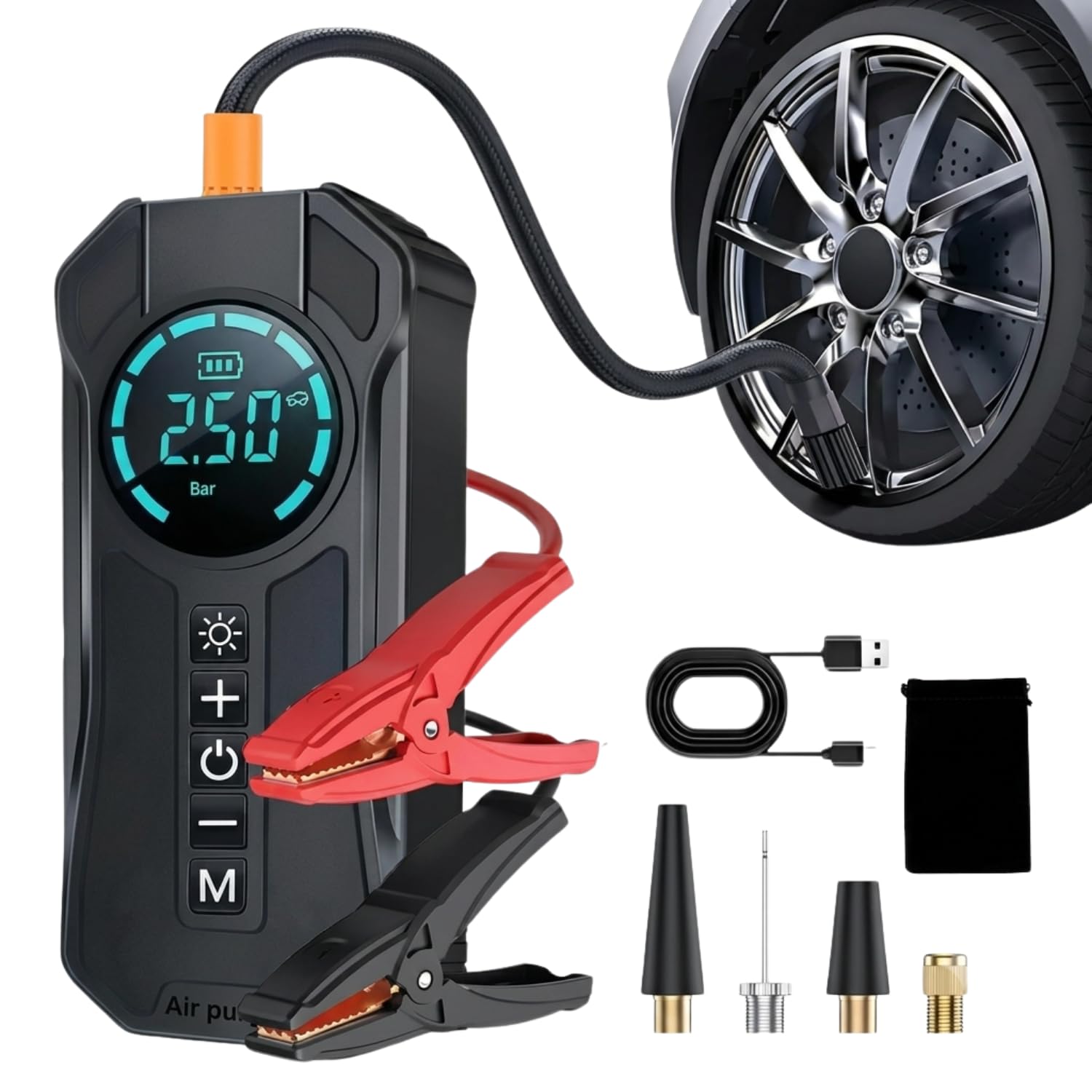 Compressor Ar Portátil Calibrador Pneu Powerbank Lanterna Auxiliar Partida | Bateria