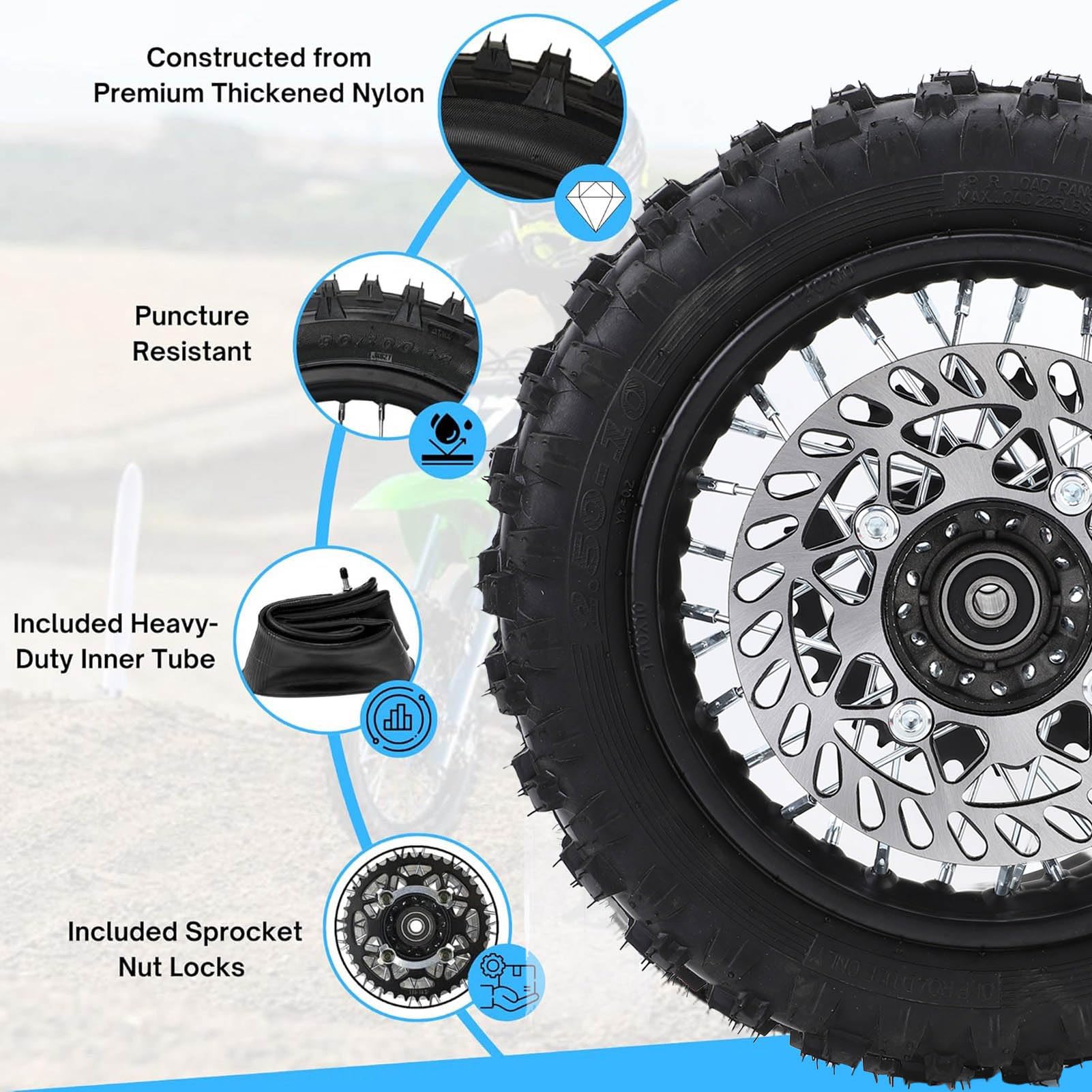banapoy Opona felgę Tylnego Koła 2,5-10 10" do Motocykla Dirt Pit Bike o Pojemności 50 Ml - 110 Ml, zespół Felgi 2,5-10 z osią 12 Mm i tarczą hamulcową 190 Mm Oraz zębatką 420 41T