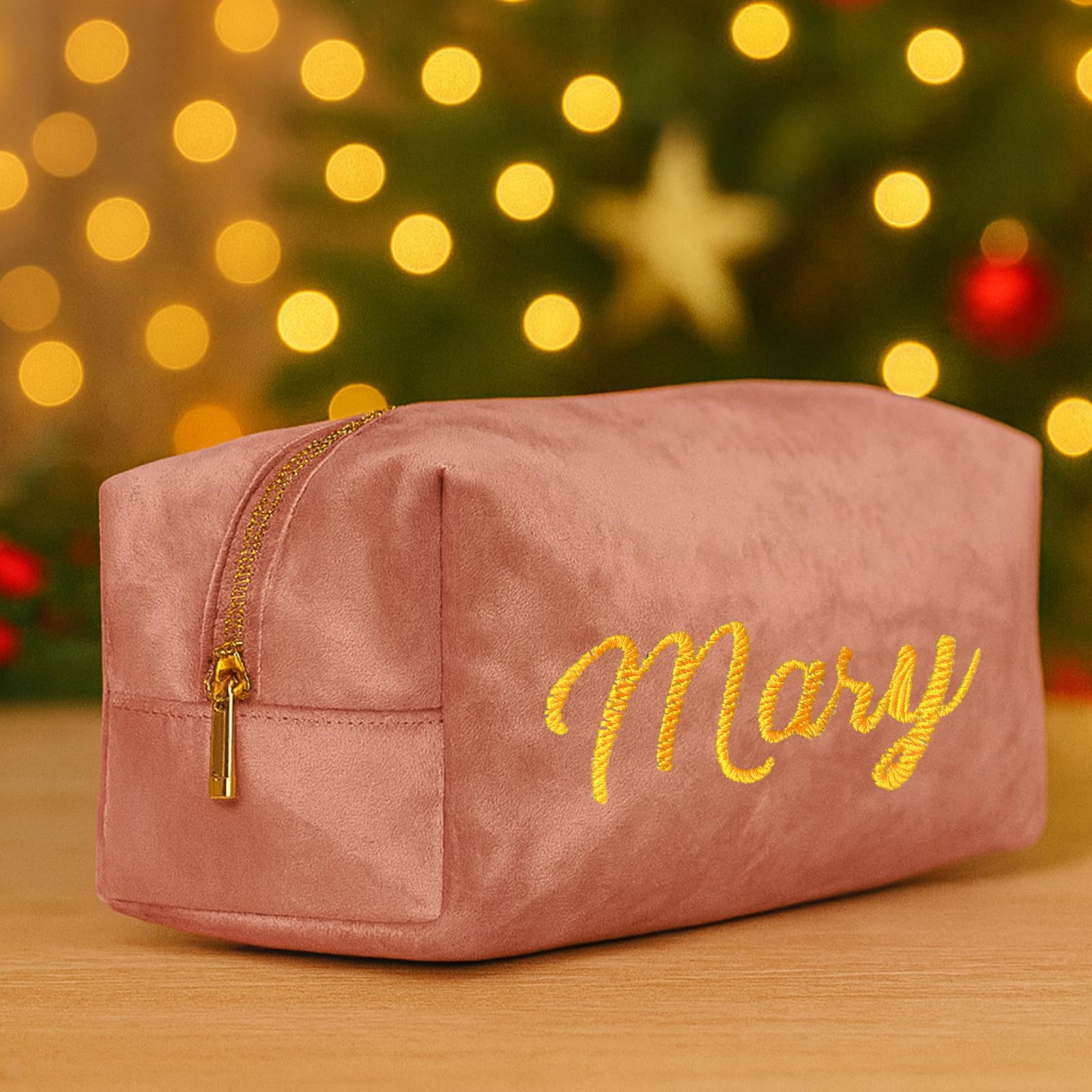 Fatto da Mani - Trousse Make Up Personalizzabile con Nome Ricamato – Beauty Case in Velluto Elegante da Viaggio, Astuccio Multiuso Porta Cosmetici Donna – 23x11x11cm (Beauty case - Rosa antico)