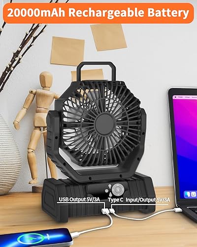 Miniatura 7 de ADUST Ventilador portátil para campamento, funciona con pilas, con luz LED, ventilador oscilante recargable de 20000 mAh con gancho colgante de Negro